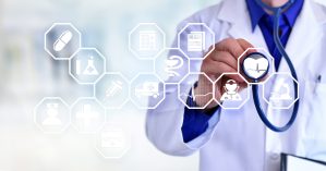 Healthcare data management tools represented conceptually.