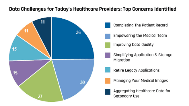 Pie chart showing that completing the patient record is the top data challenge for healthcare providers.